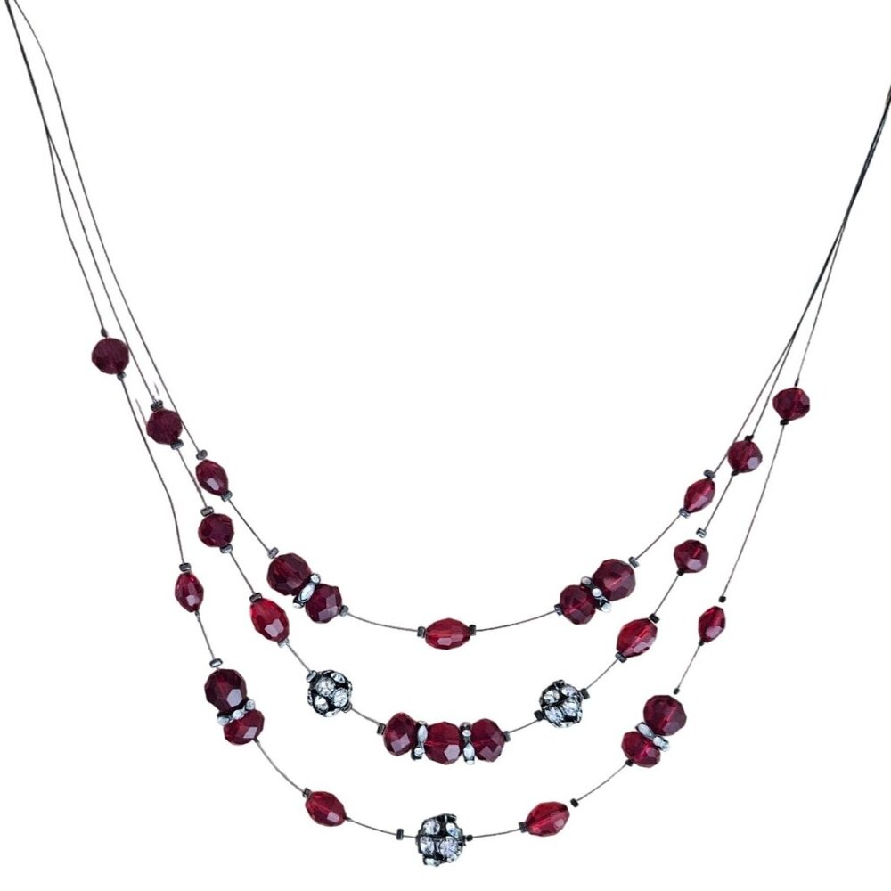 Elegant Red Beaded Rhinestone Balls Statement Necklace Multi Strand Wire Jewelry